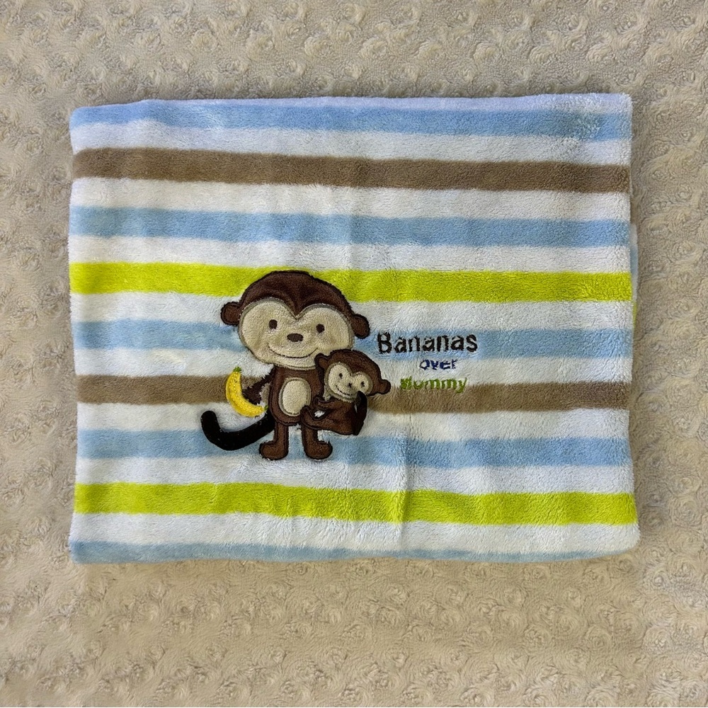 Just One You by Carter's Bananas Over Mommy Monkey Baby Blanket Blue Tan Stripes